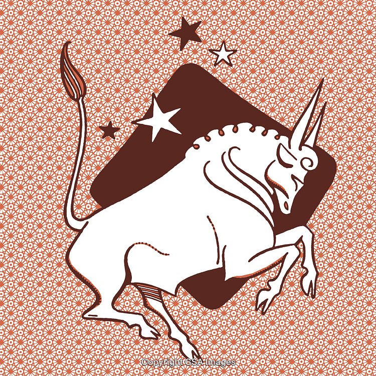 Stylized Taurus Zodiac Illustration with Geometric Red Rippled Background