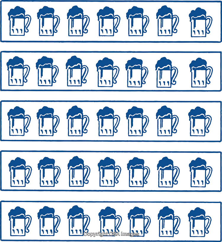 Pattern of Blue Beer Mug Illustrations in Rows on White Background