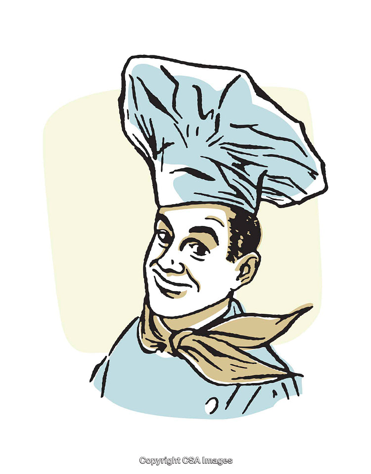 Colorful Illustration of a Smiling Chef Wearing a Traditional Hat and Bandana