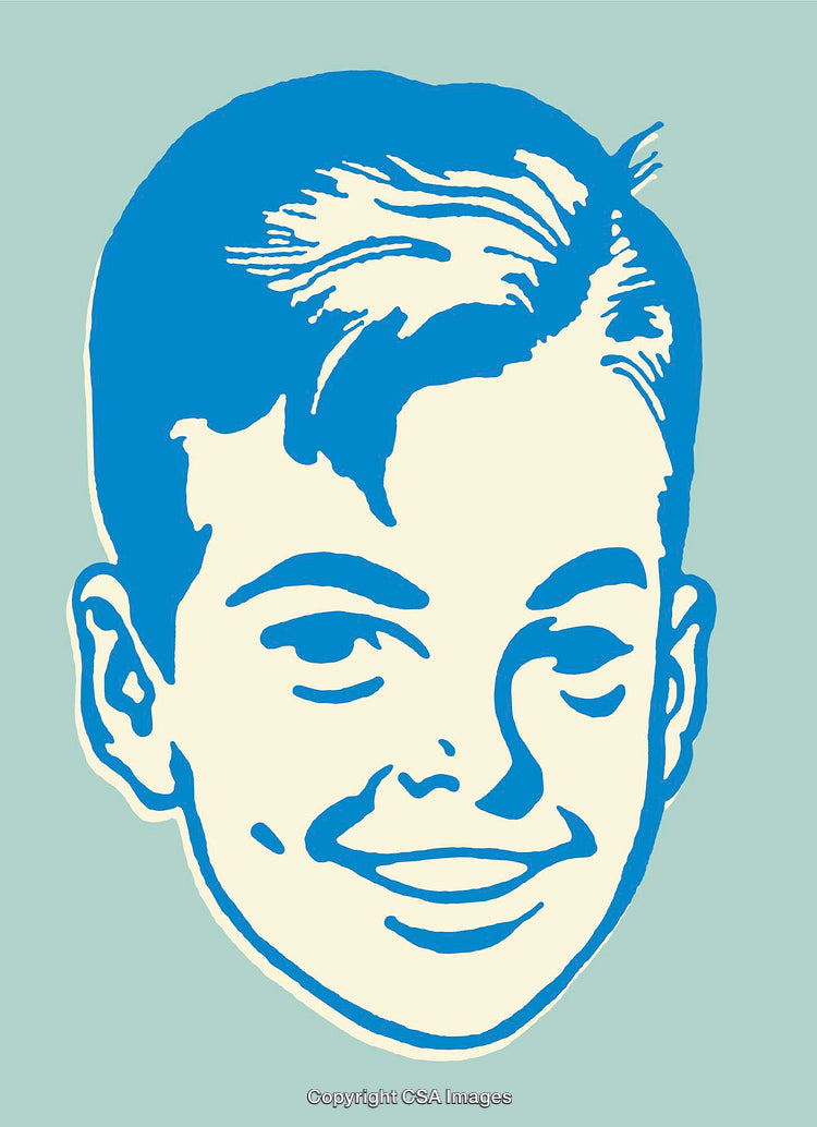 Retro Illustrated Portrait of a Young Boy in Blue Line Style