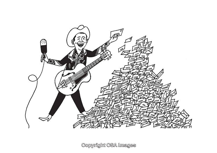 Black and White Cartoon of Guitarist with Mic and Letters