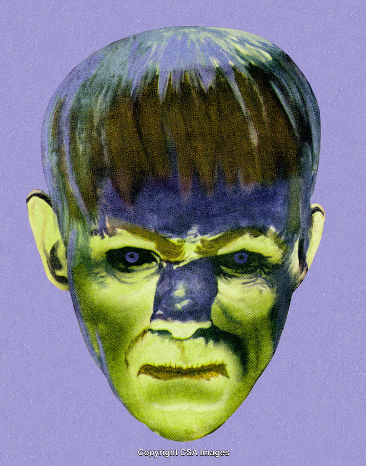 Green Vintage Frankenstein Character Illustration on a Purple Background