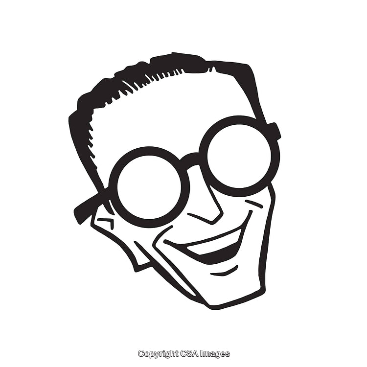 Retro Black and White Smiling Man Illustration with Glasses