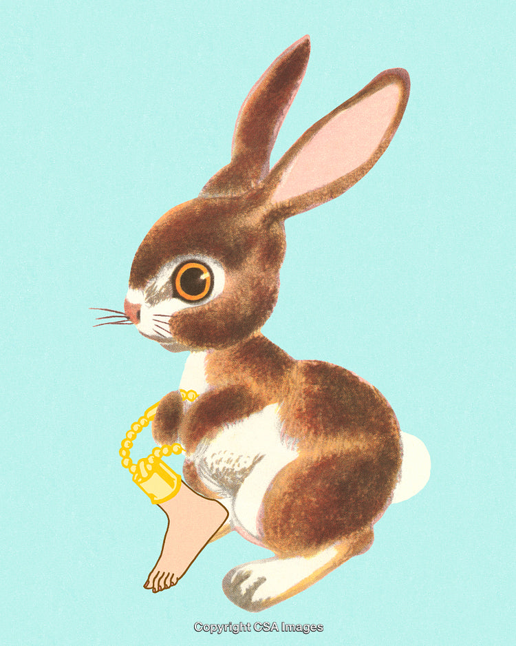 Retro Illustration of a Bunny Holding a Beaded Bracelet on Blue Background