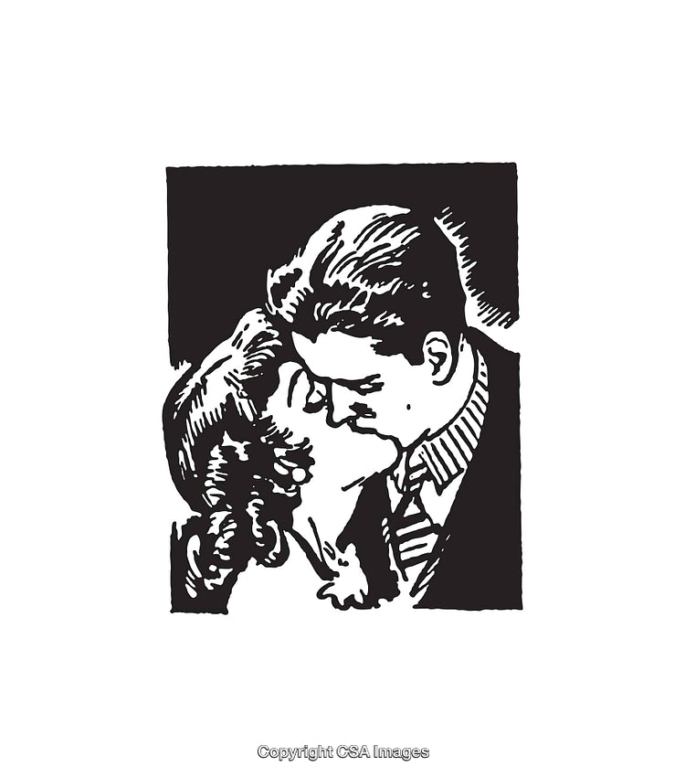 Vintage Black and White Illustration of a Romantic Couple's Kiss