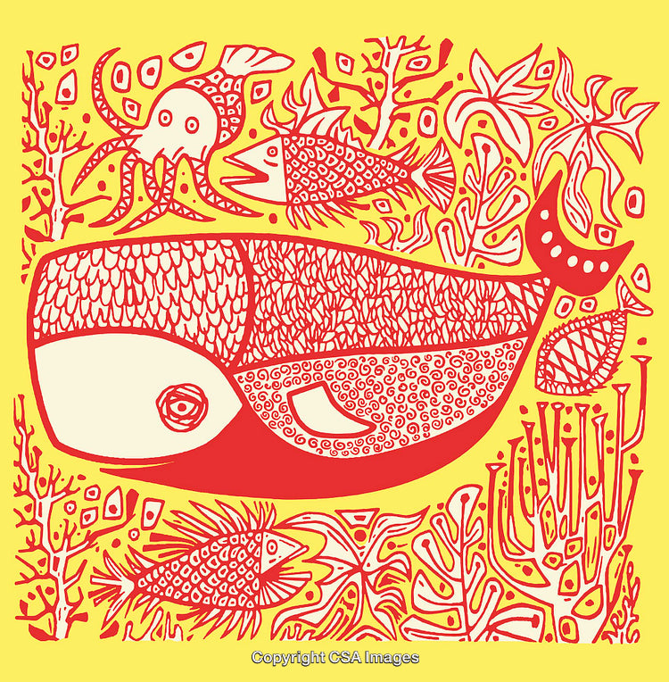 Detailed Line Art Featuring Whale and Marine Life on Yellow Background