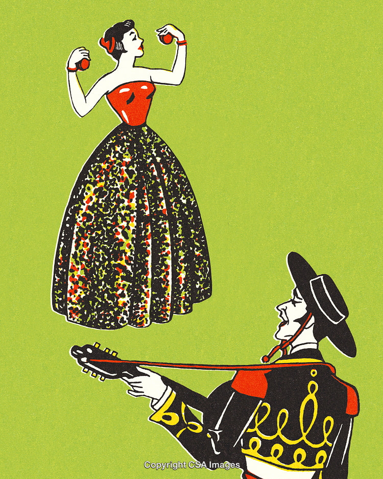 Spanish Flamenco Dance with Musician and Vibrant Colorful Background