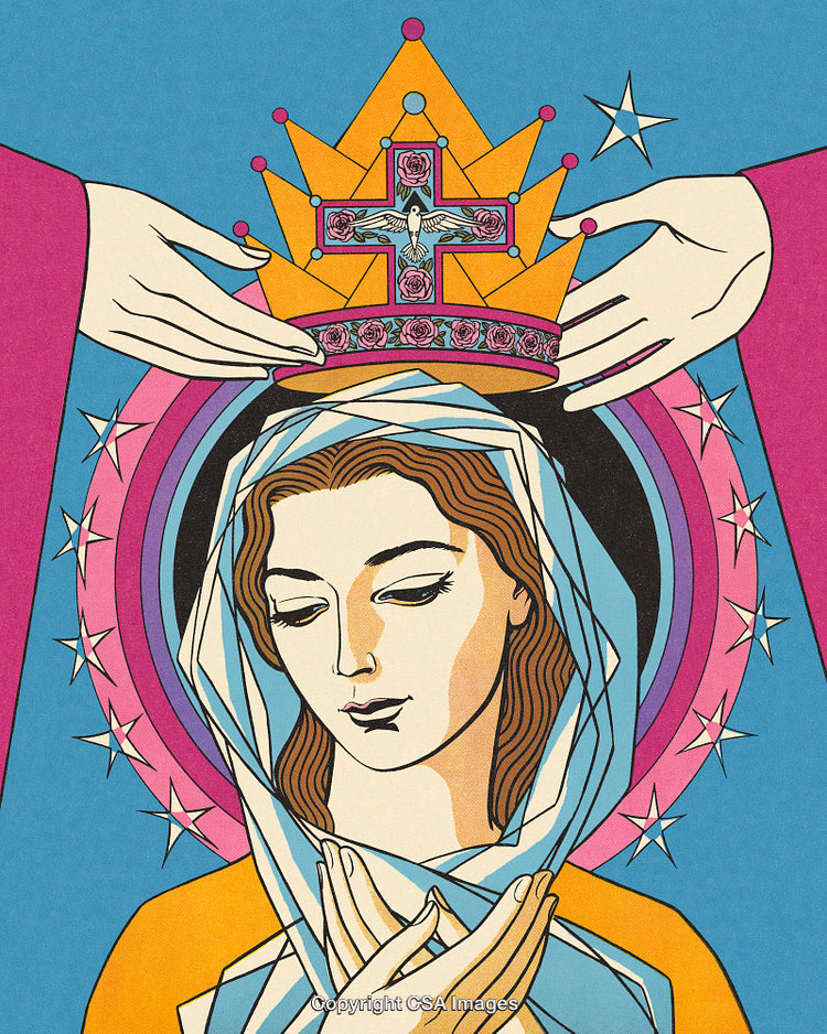 Pop Art Style Virgin Mary With Crown And Stars Illustration