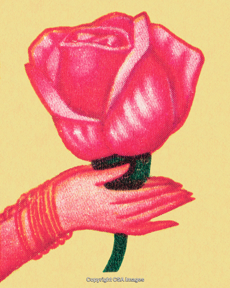 Vintage Illustration of a Hand Holding a Red Rose on Yellow Background