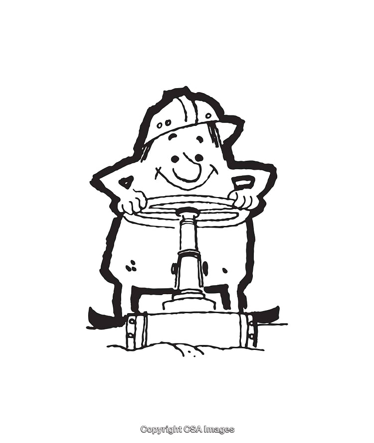 Playful Cartoon Character Operating a Machine in Black and White Line Art