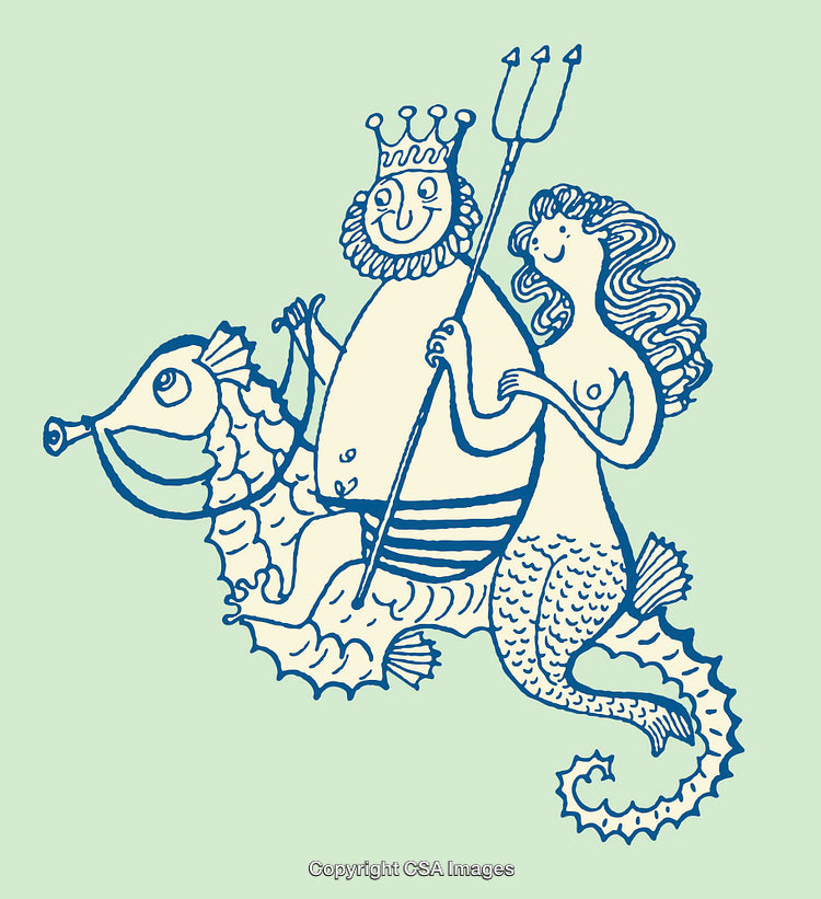 Fantasy Illustration of a King and Mermaid Riding a Seahorse
