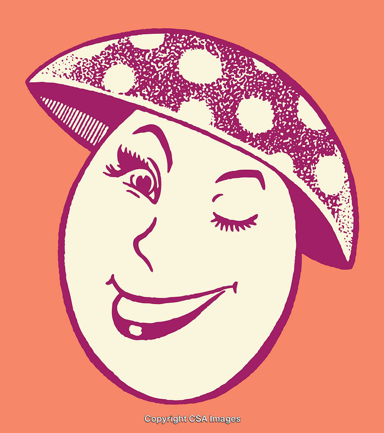 Whimsical Face Illustration Featuring a Mushroom Hat on a Coral Background