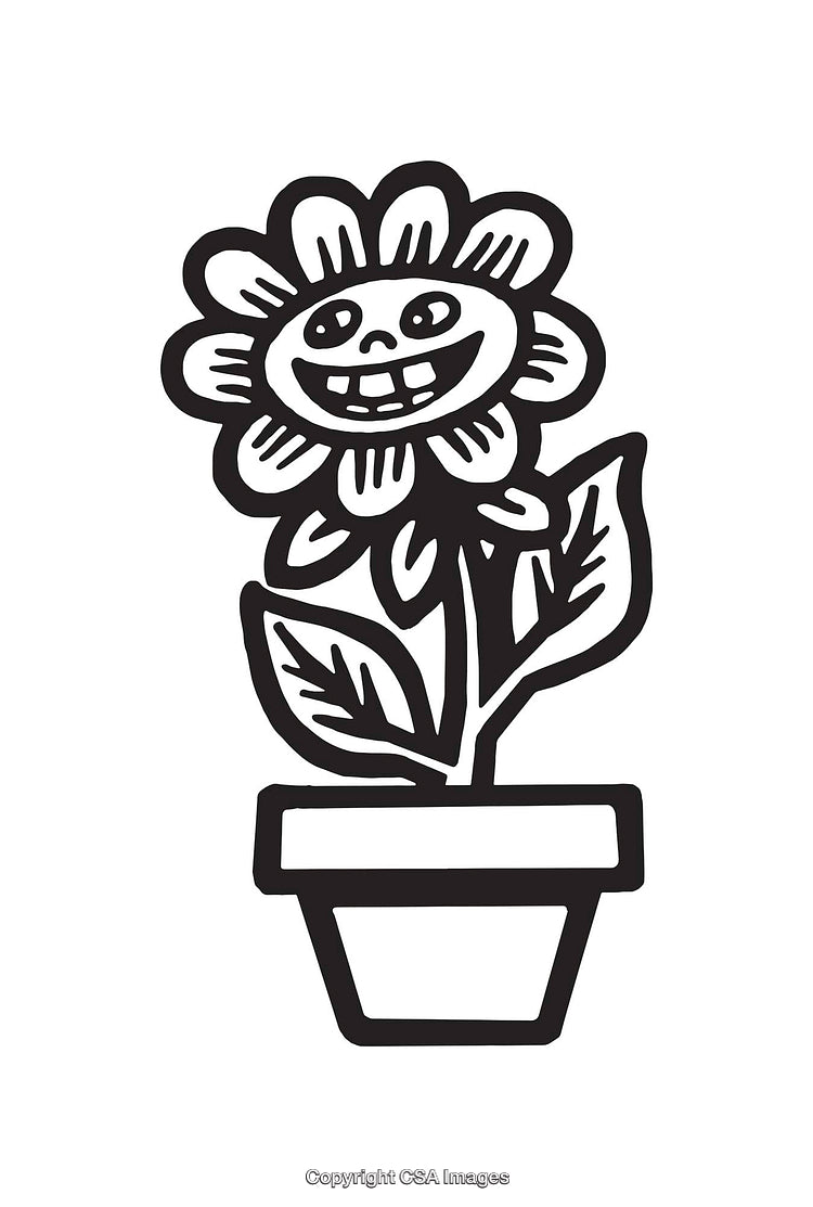 Smiling Flower in a Pot - Cute Black and White Line Art Illustration