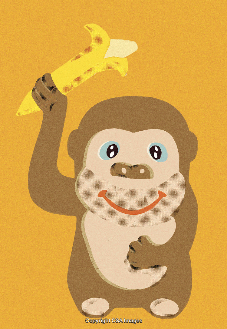 Cheerful Cartoon Monkey Holding Banana on a Vibrant Yellow Background
