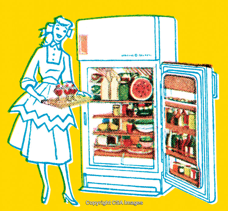 Vintage Illustration of a Homemaker Displaying Food in a Fully Stocked Refrigerator