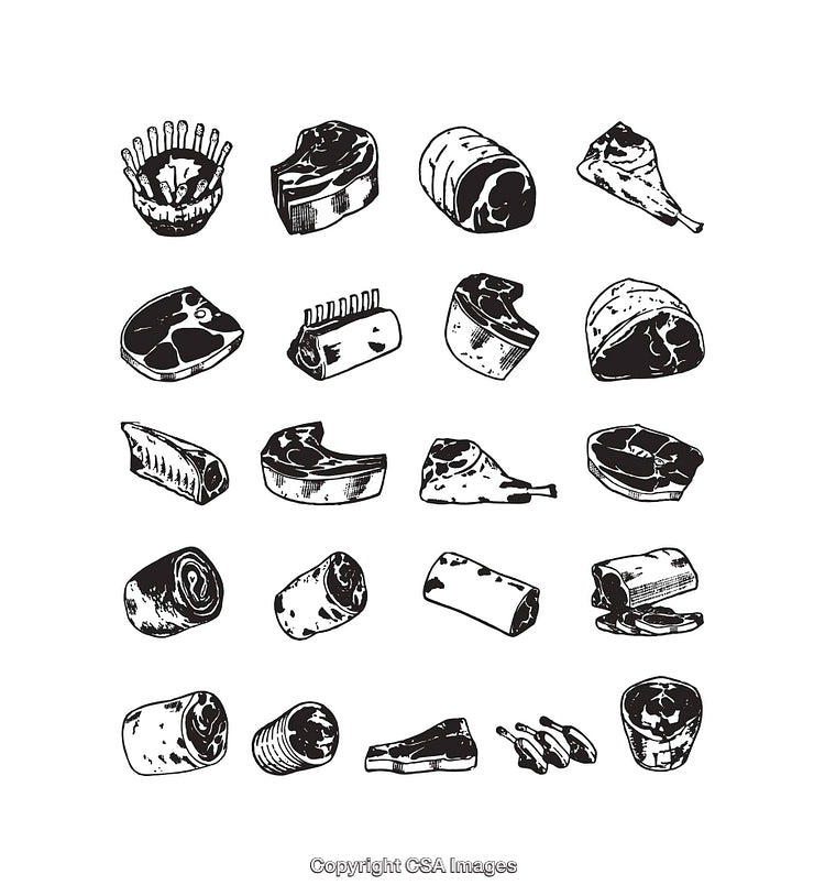 Set of Black and White Meat Cut Illustrations for Food or Butcher Designs