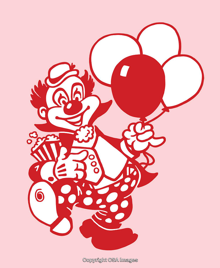 Festive Cartoon Clown Holding Balloons and Popcorn on a Pink Background
