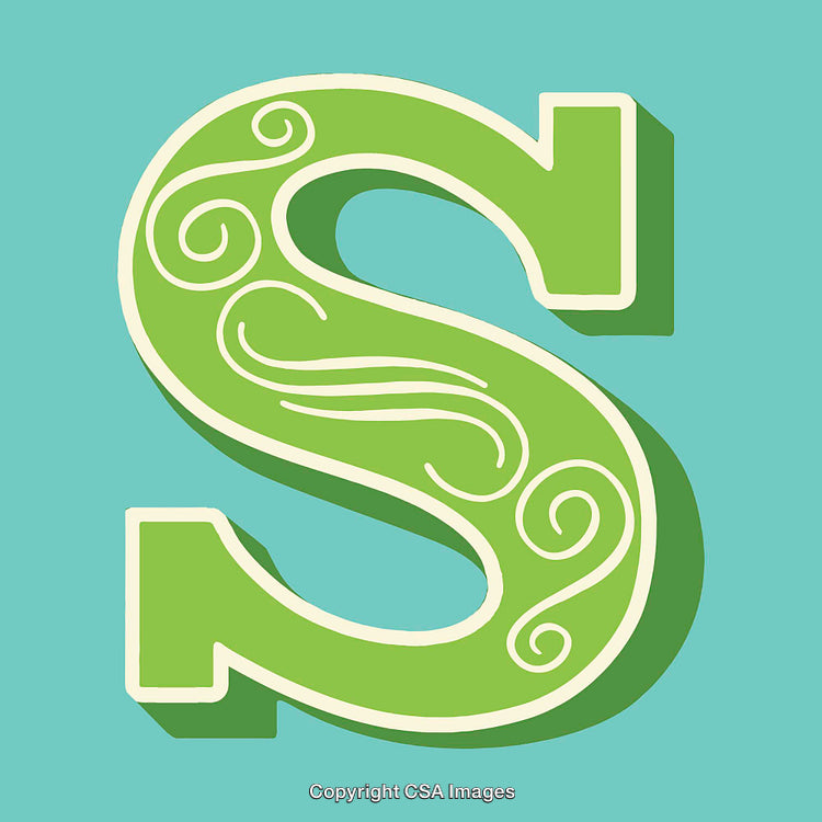 Green Ornamental Letter S on Blue Background with Shadows