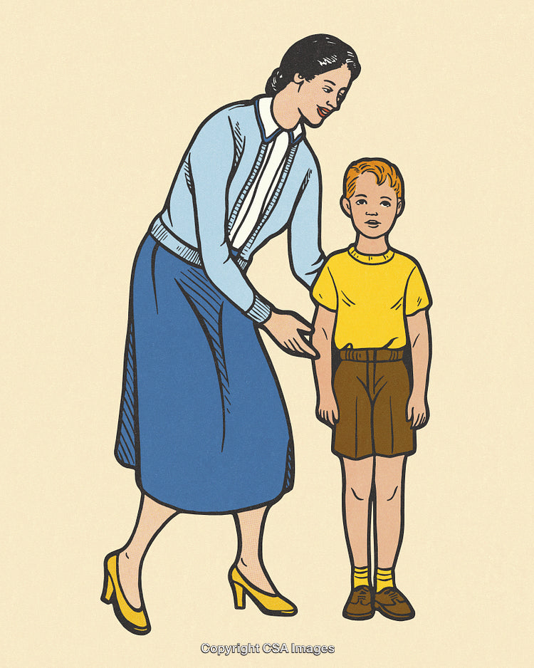 Vintage Illustration of Woman Comforting a Child in a Thoughtful Manner