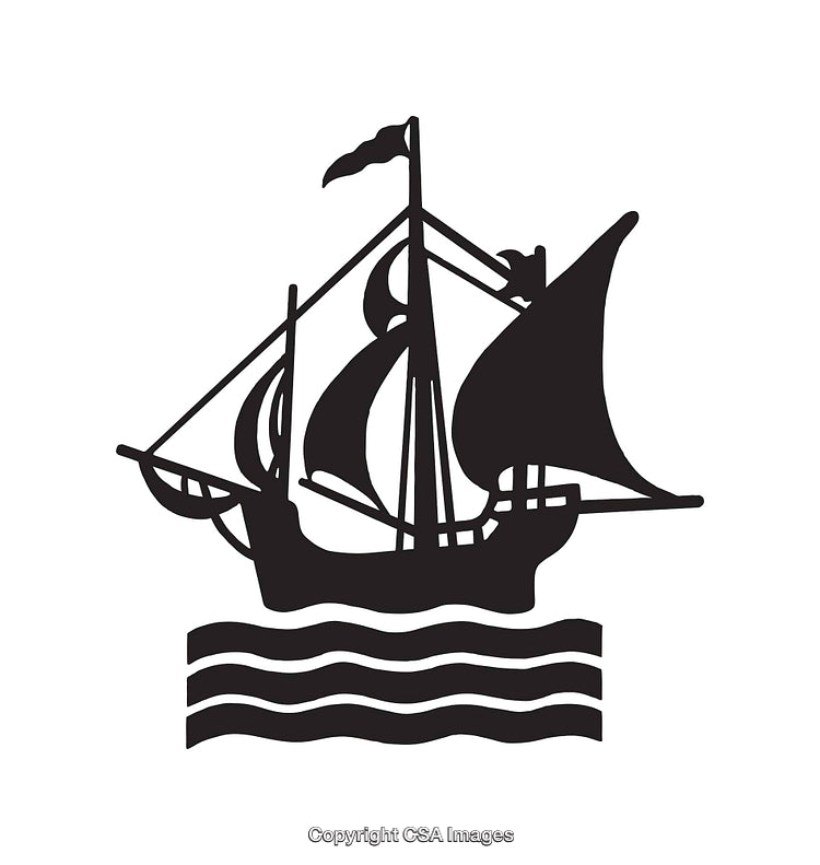 Black and White Line Art Depicting a Sailing Ship with Wavy Waters