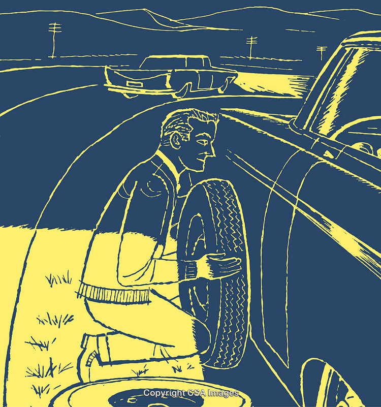 Hand-Drawn Illustration of Changing a Tire in a Classic Car Scene