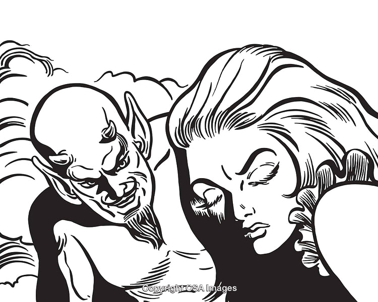 Stylized Fantasy Illustration of a Demon and a Woman in Close Interaction