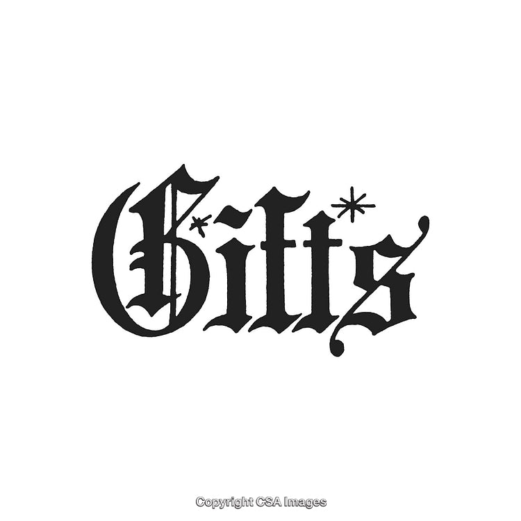Chic Blackletter Design Highlighting the Word 'Gifts' with Decorative Stars