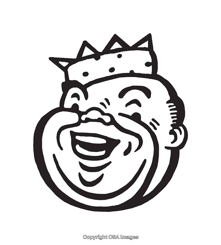 Black and White Line Art of Laughing Character Wearing a Crown