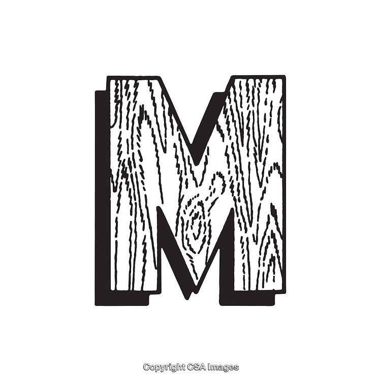 Typography Illustration Featuring Letter M with Textured Woodgrain Pattern
