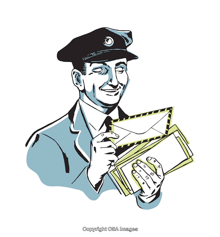 Retro Styled Illustration of a Smiling Postman Holding Envelopes