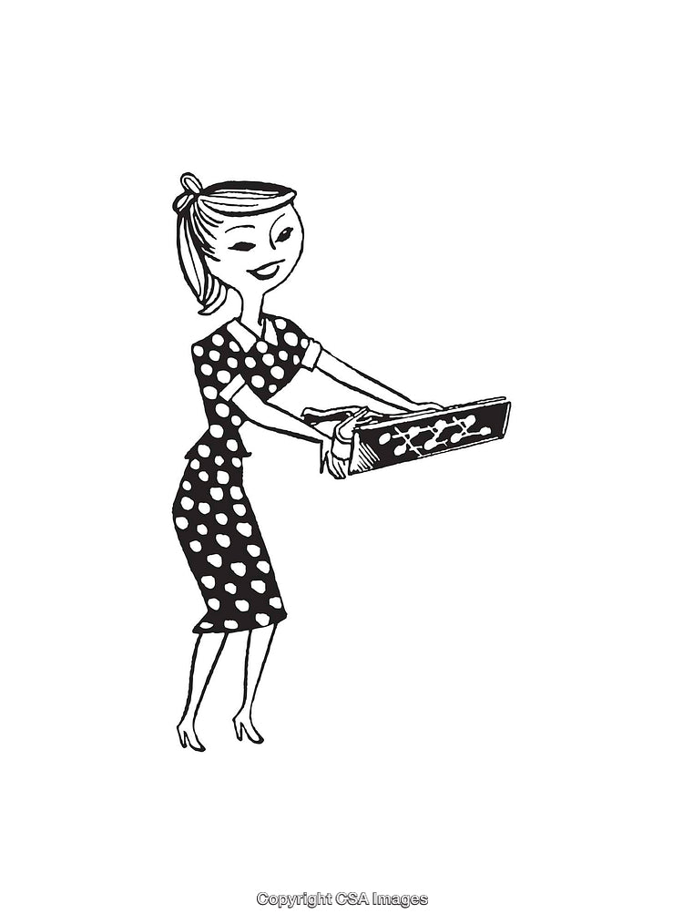 Retro Themed Line Art of Woman With Gift in Hand