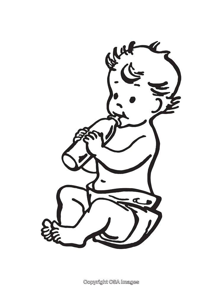 Illustration of a Baby Drinking From a Bottle in Black and White Line Art