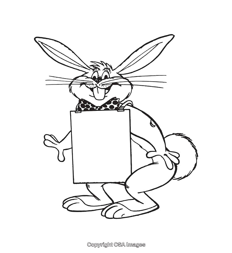 Cartoon Rabbit Holding a Blank Sign in Black and White Line Art