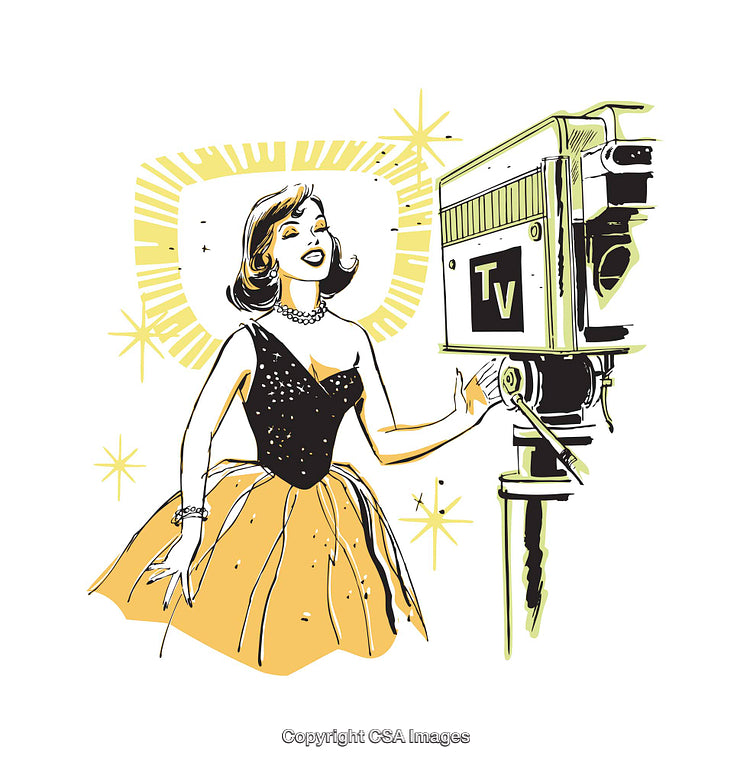 Vintage Style Illustration of Glamorous Woman in Elegant Dress on Television Set