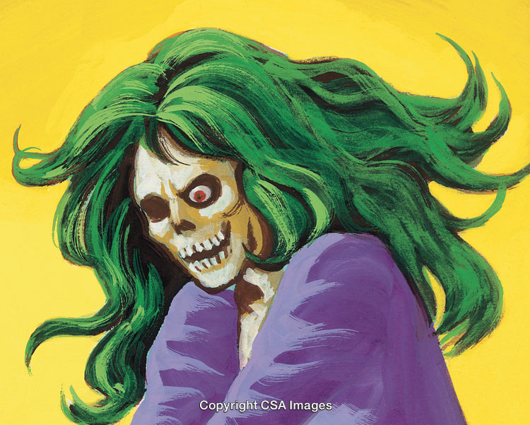 Colorful Illustration of a Skull with Green Hair and Yellow Background