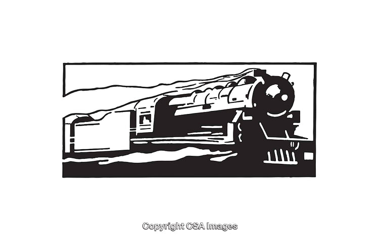 Vintage Black and White Line Art of a Moving Steam Train