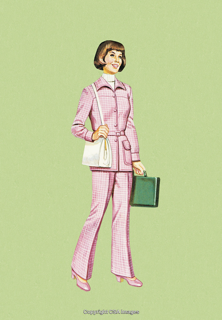 Vintage Fashion Illustration of a Woman in Pink Plaid Suit on Green Background