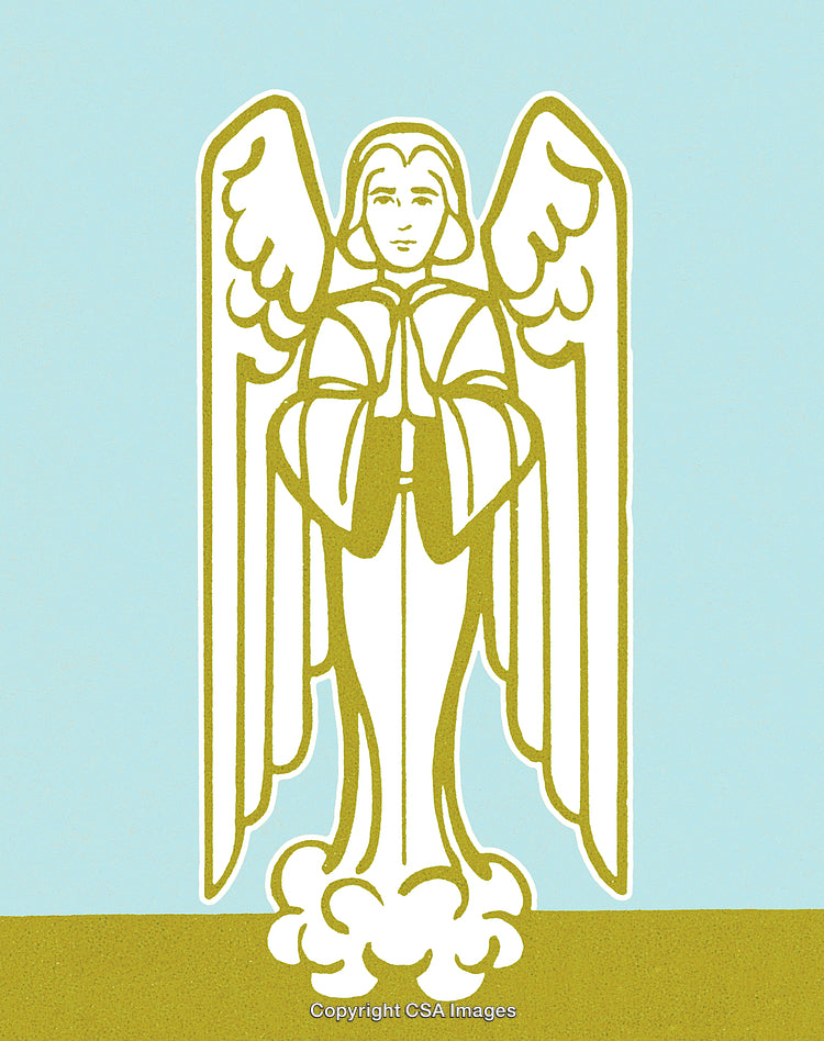 Illustrated Angel with Wings Praying and Standing in a Serene Sky Scene