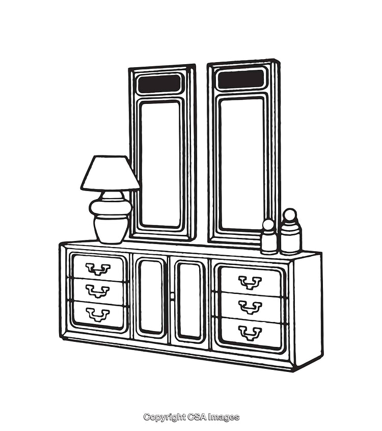 Line Art Illustration of a Dresser with Mirror and Accessories