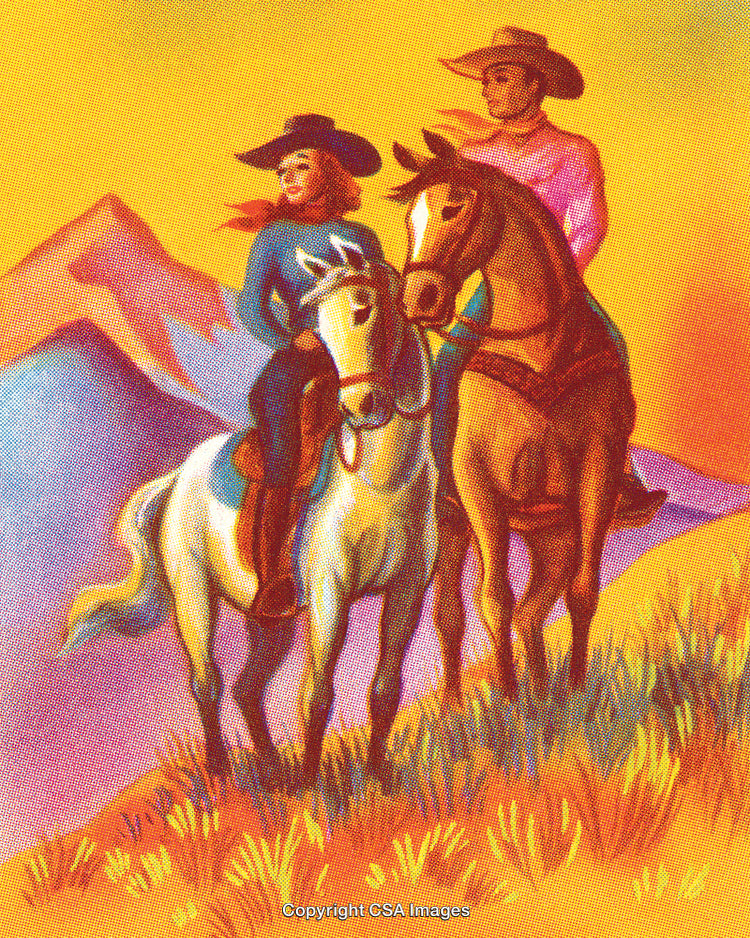 Cowboy and Cowgirl Riding Horses Against Colorful Mountain Sunset