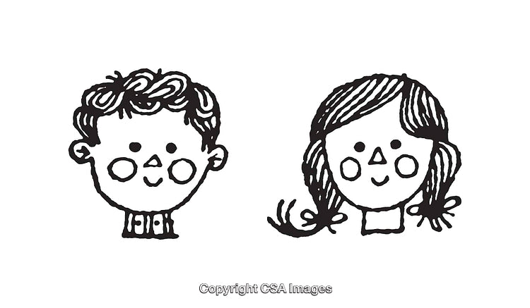Black and White Line Art Illustrations of Boy and Girl Faces