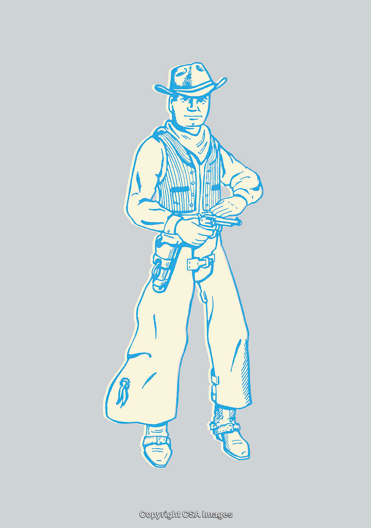 Color Line Art Illustration of a Cowboy Standing With Hat and Gun