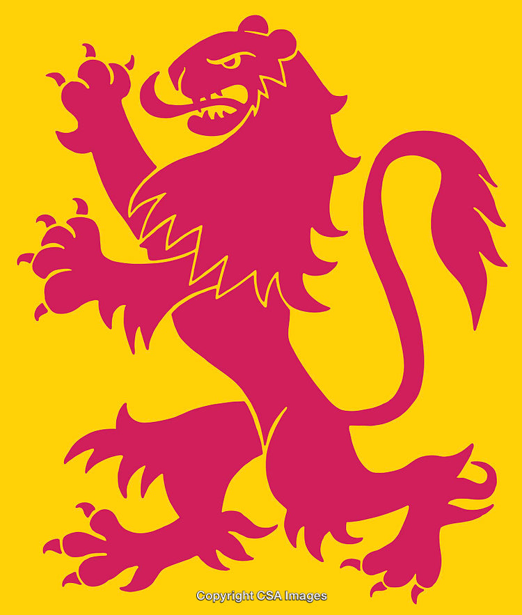 Illustrated Heraldic Lion in Vibrant Pink and Yellow Colors