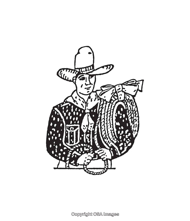 Black and White Line Art of a Cowboy Holding Rope and Wearing Hat