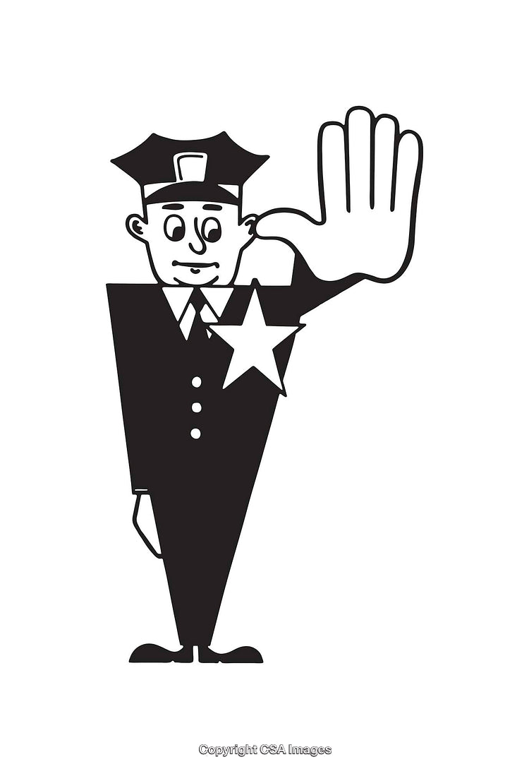 Black and White Line Art Illustration of Policeman Giving Stop Sign