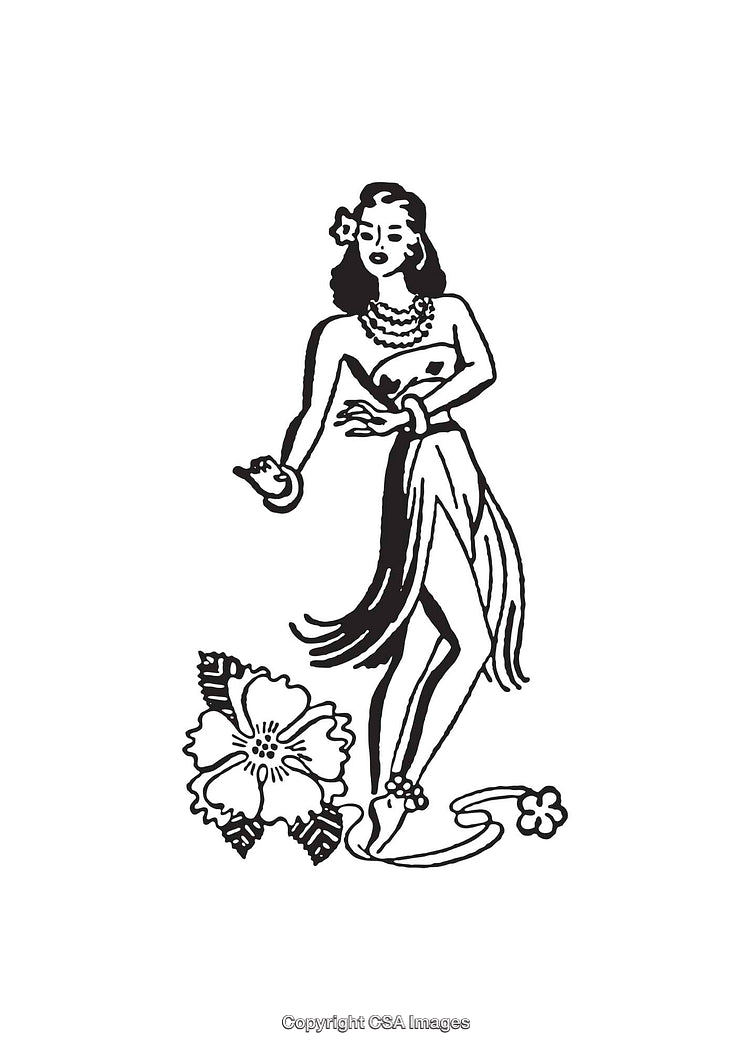 Black and White Line Art of Hawaiian Dancer with Tropical Flower
