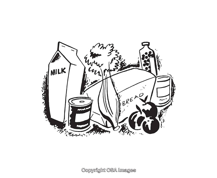 Black and White Line Art Illustration of Grocery Items