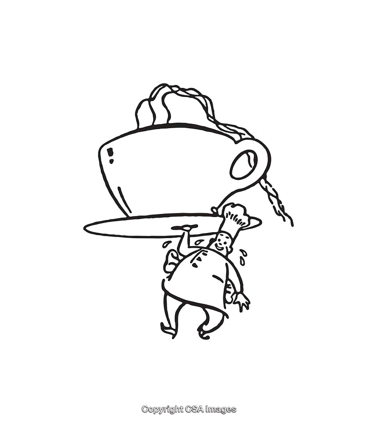 Whimsical Line Art Depiction of Chef Balancing Oversized Coffee Cup on Plate