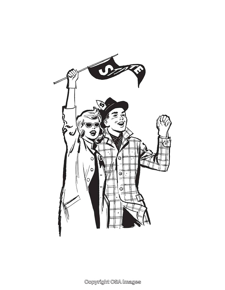 Retro Line Art of Enthusiastic Fans Waving a Banner