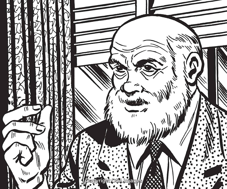 Black and White Illustration of a Thoughtful Elderly Man in Conversation